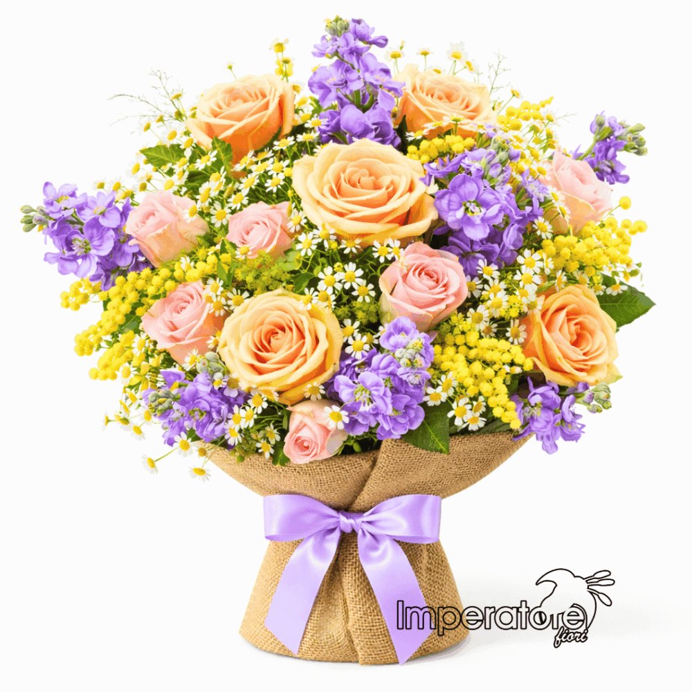 Bouquet primaverile con rose e fiori di campo per consegna a domicilio