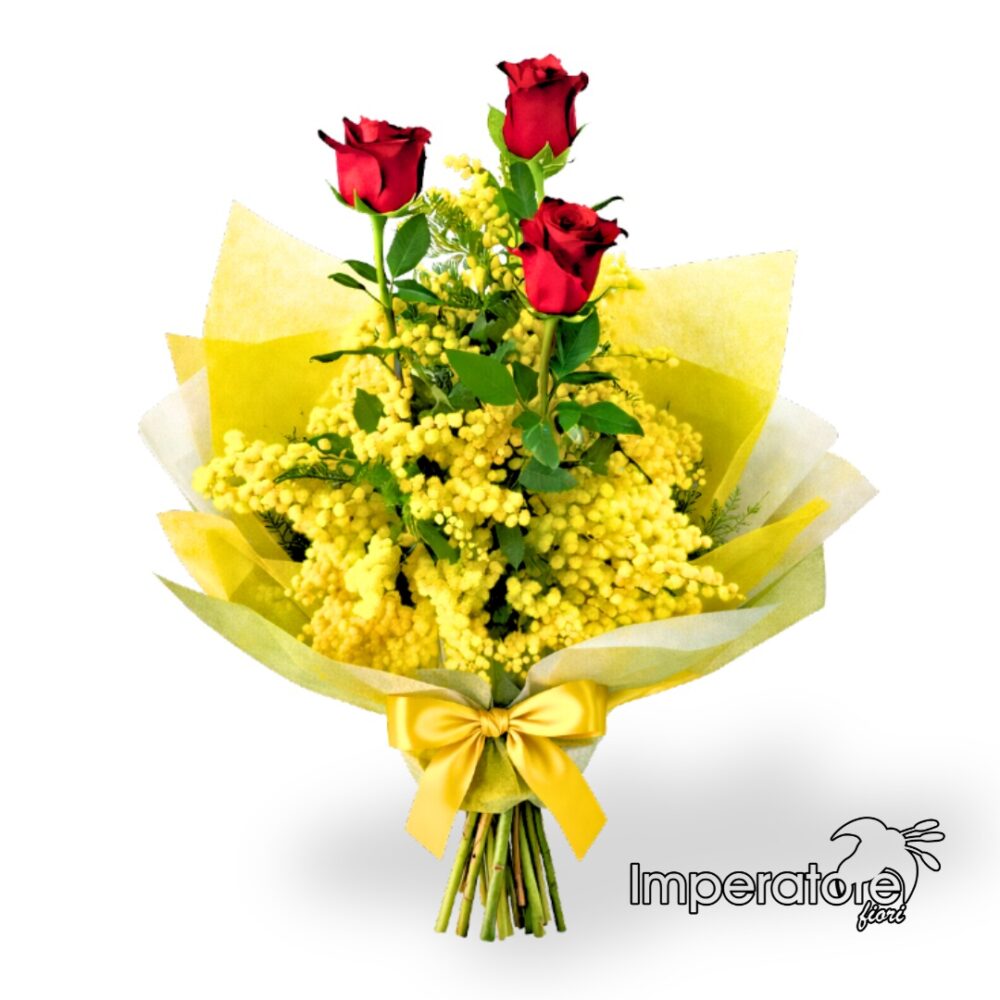 Bouquet Amore con rose rosse e mimosa - regalo romantico consegna a domicilio