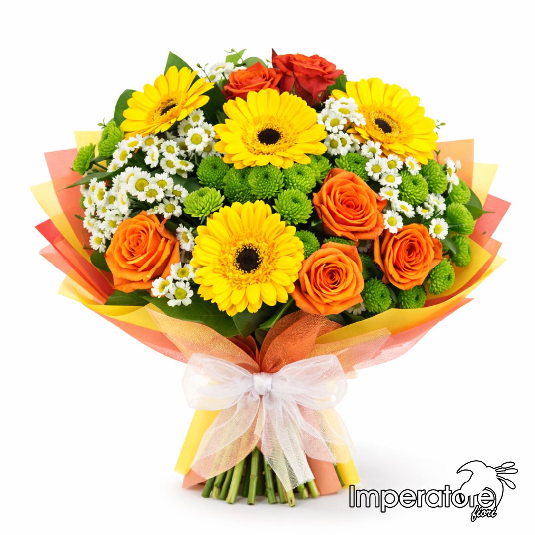 Bouquet vivace con girasoli e garofani rossi per regalo speciale