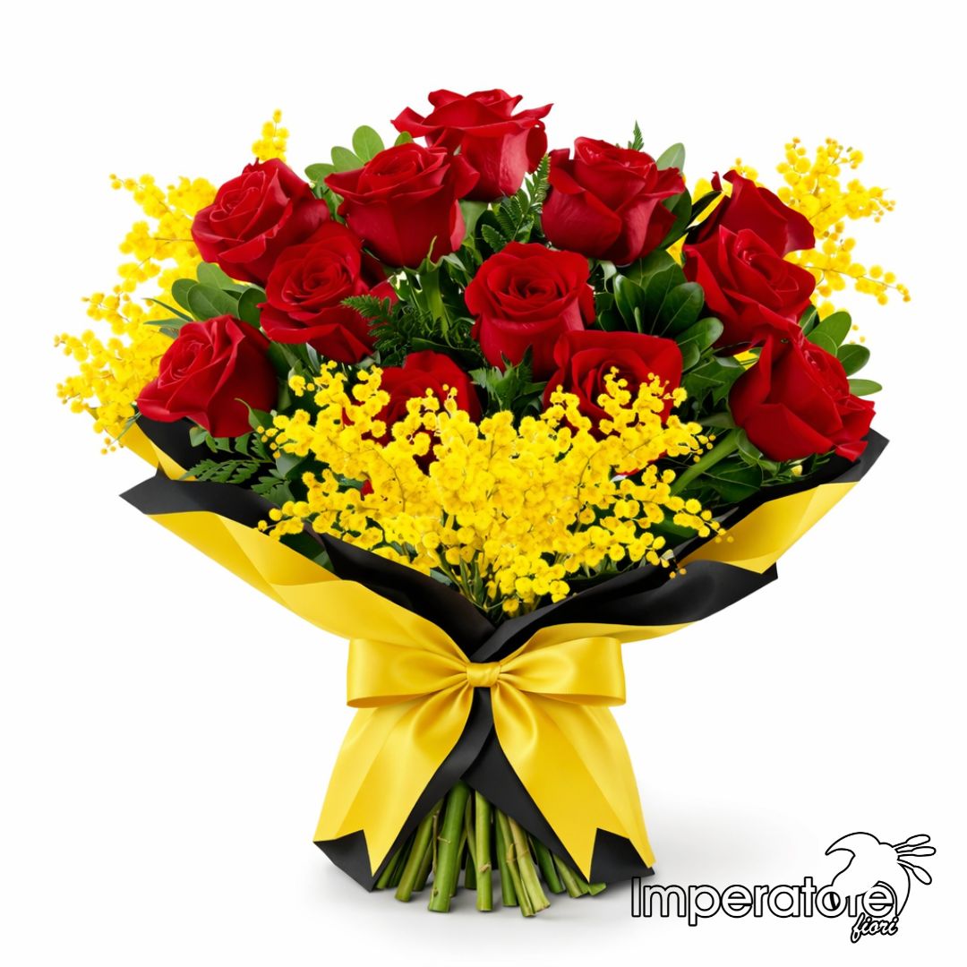 Bouquet moderno con rose rosse e mimosa - fiori a domicilio
