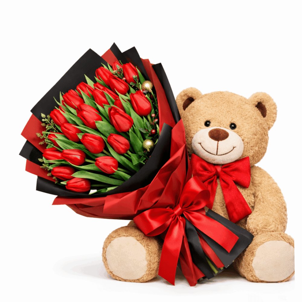 Bouquet tulipani rossi con peluche orsetto - regalo speciale consegna a domicilio